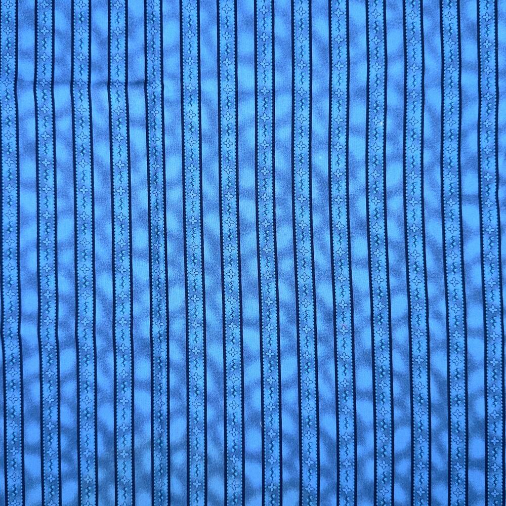 Vintage Blue on Blue Floral Vine Stripe Cotton Fabric - 1/2 Yard